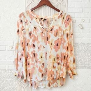 Tribal Smocked Pleated Floral Blouse Peach Yellow Chiffon Boho Top Size Large